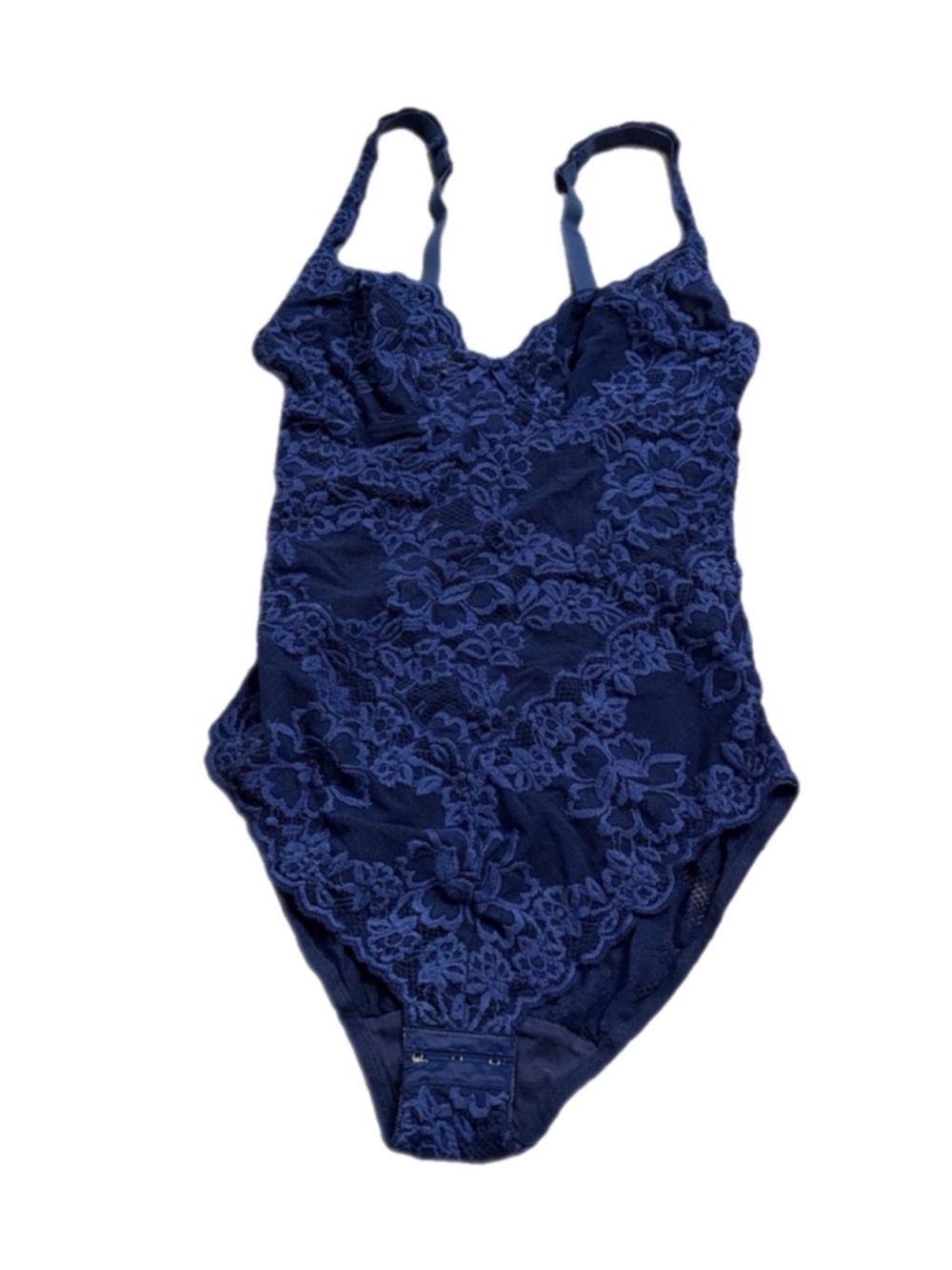 70s European Vintage Palmers Embroidered Floral Lace Bodysuit (Blue) Size M